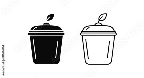 Vector illustration of a black silhouette and outline icon depicting a compost bin with a small green leaf on the lid, isolated on a transparent background.