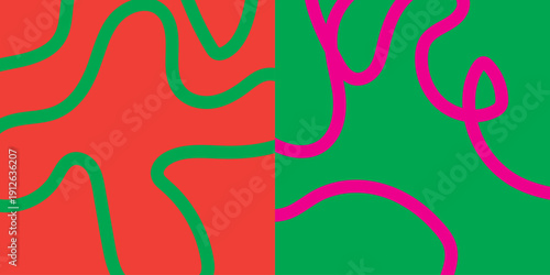 Vibrant abstract art with neon pink and green lines on red and carousal green background