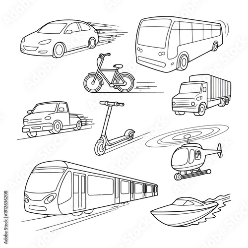 Transportation Line Art: A set of various transportations, like a car, bus, bicycle, pickup, scooter, train, boat, helicopter, and truck. The image is rendered with simple black lines