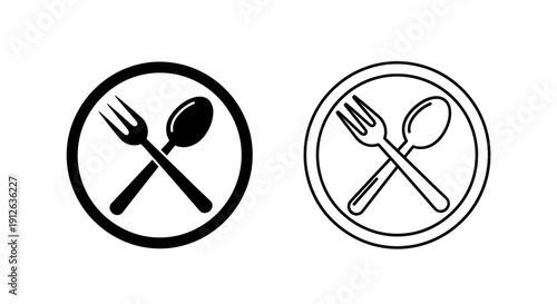Vector illustration of crossed black fork and spoon icons within a circular frame, presented in both solid fill and outline styles, isolated on transparent background.