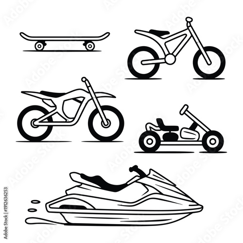 Adventure on Wheels: An array of recreational vehicles, each ready for a thrilling adventure, presented in a clean, minimalist style. From the sleek skateboard to the powerful jetski.