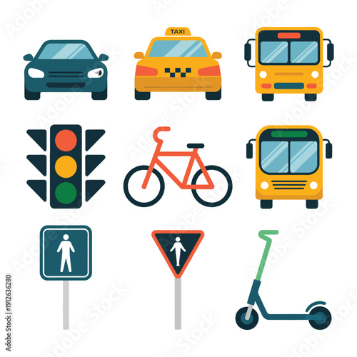 Urban Mobility Collection: A colorful collection showcasing an array of urban transportation modes, each offering a distinct choice for navigating the city. From cars and taxis to buses, bicycles.