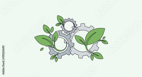 Green technology concept with leaves and gears working together for sustainability