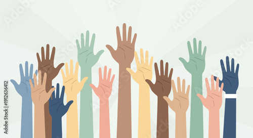Many raised hands diverse colors different skin tones showing unity support activism