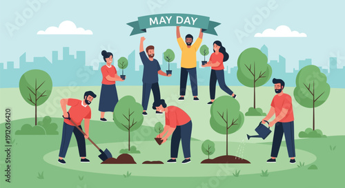 People planting trees together may day celebration outdoor park community gardening nature