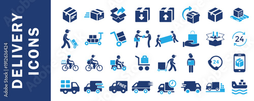 Delivery service icons set featuring courier, logistics, transportation, and shipping elements in flat design for business apps, ecommerce platforms, and website interfaces