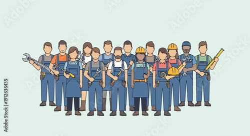 Team of construction workers holding tools and looking at camera industrial professionals group