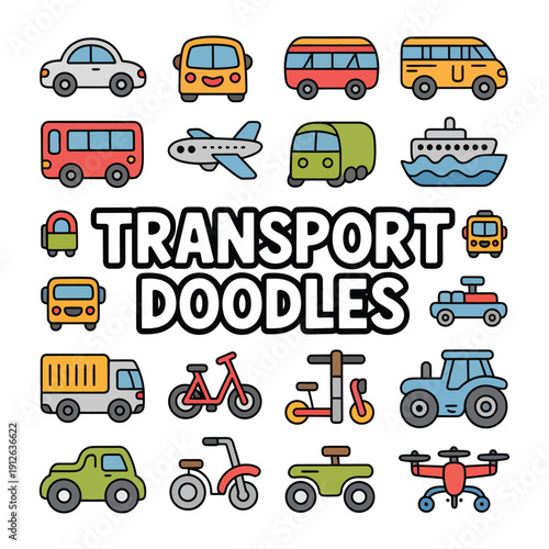 Transport Doodles: A playful collection of illustrated vehicles showcases various modes of transportation, from cars and buses to boats and aircrafts.