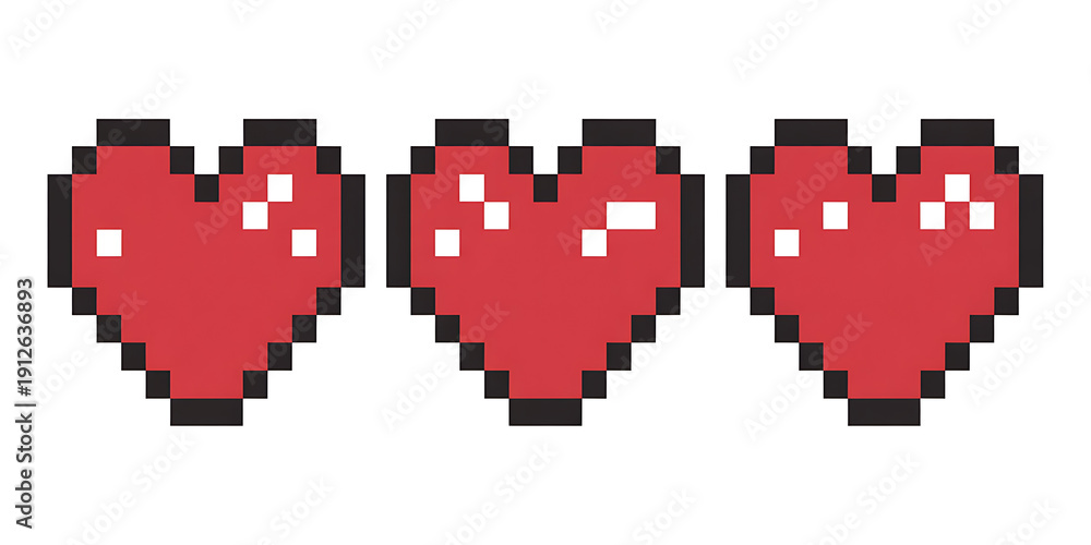 Fototapeta premium Three red pixel art hearts representing full health or lives in a retro video game.