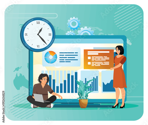 Set up daily schedule concept. Scene of two people with Laptop, Big Screen, Clock, Gears.