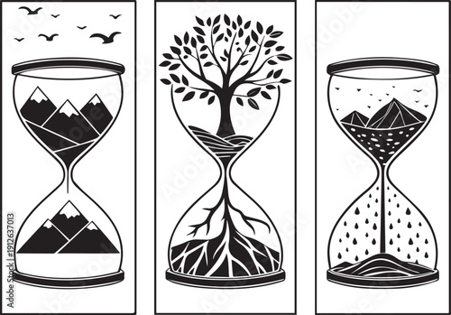 Vector illustration set of hourglass icons showing sand flowing to represent time passing and countdown concept