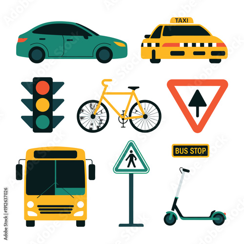 Urban Transportation Collection: A vibrant compilation of essential urban transportation elements, showcasing a diverse array of vehicles and traffic tools for navigation. 