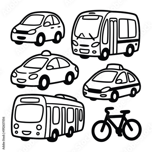 Urban Transit Lineup: A curated collection of stylized, monochrome illustrations showcases various modes of urban transportation, highlighting the design of each vehicle.