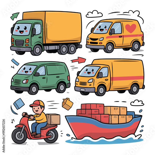 Delivery Services: A charming collection of illustrations showcasing various methods of delivering goods. Featuring smiling trucks, vans, a scooter, and a cargo ship.