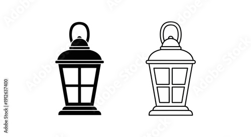 Vector illustration of a black silhouette and outline icon of a vintage camping lantern, isolated on a transparent background for UI design.