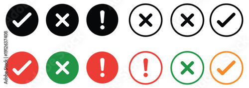 Check mark icon button, right wrong checkbox symbols, green success tick, red error cross, confirm reject options, alert exclamation and info icons, modern UI vector illustration.