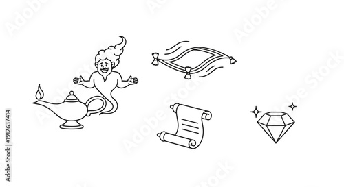 Genie, Magic Carpet, Scroll, Diamond Icons: Fantasy, Arabian Nights, Wish, Treasure