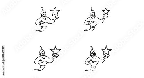 Genie Offering Star Icon, Hand Drawn Style, Four Variations
