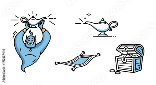 Genie, Magic Lamp, Flying Carpet, Treasure Chest - Fantasy Arabian Nights Icons