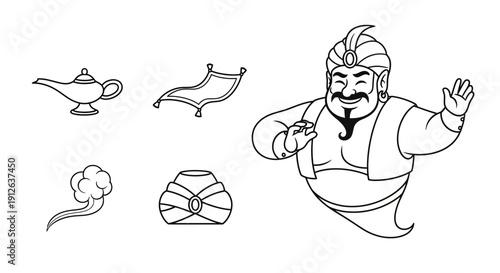 Genie, Magic Lamp, Flying Carpet, Turban, Smoke Cloud Icons - Black and White Line Art