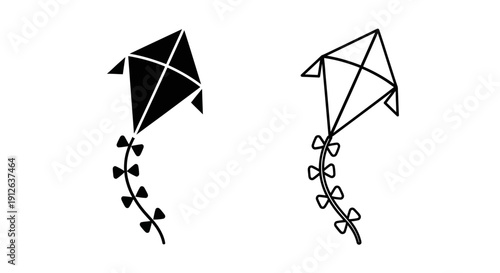 Black vector kite icon with a decorative bow tail, presented in both solid fill and outline styles, isolated on a transparent background for UI design.
