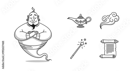 Genie, Magic Lamp, Magic Wand, Scroll, Cloud - Fantasy Icons Set