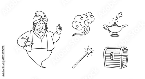 Genie, Magic Lamp, Treasure Chest, Cloud, and Wand - Fantasy Elements