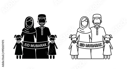 Monochrome vector illustration of a Muslim family, parents and two daughters, holding an 'Eid Mubarak' banner, isolated on a transparent background.