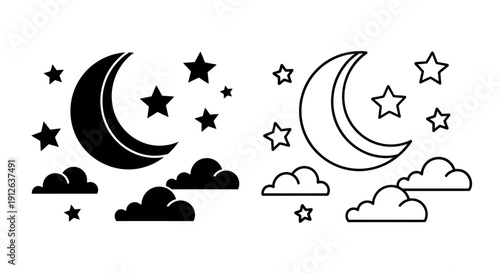 Vector illustration of a crescent moon, stars, and clouds in solid black and outline styles, isolated on a transparent background for graphic resources.
