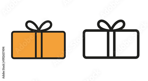 Gift Box Icon Set: Orange and Outline, Wrapped Present with Ribbon Bow