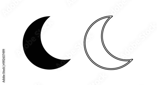 Vector black crescent moon icon and outline isolated on transparent background, perfect for UI design, app interfaces, or weather forecast graphics.