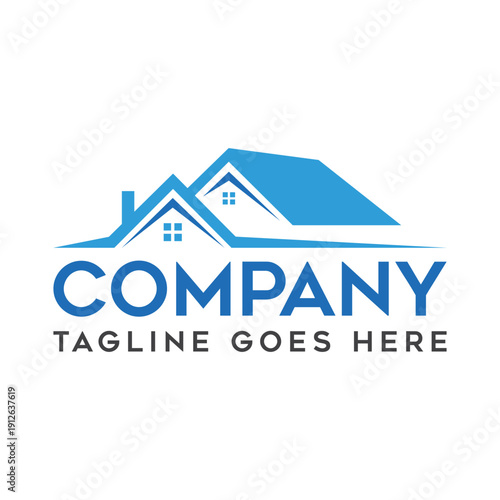 Real estate company logo design featuring blue house roof silhouettes with windows and chimney for corporate branding architectural services construction industry property