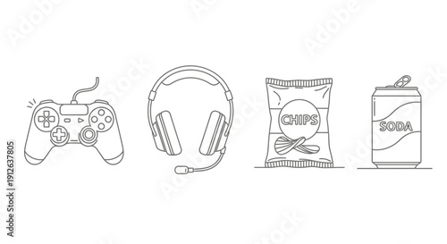 Gamer's Essentials: Controller, Headset, Chips, and Soda Icons