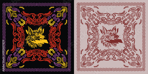 A vibrant illustration of two bandanas with wolf designs in a colorful and intricate style