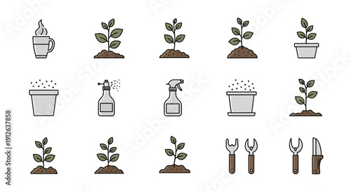 Gardening Icons Set: Seedling Growth, Tools, Pots, Spray Bottle, Plant Care
