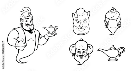 Genie and Magic Lamp Icons: Character Faces and Objects