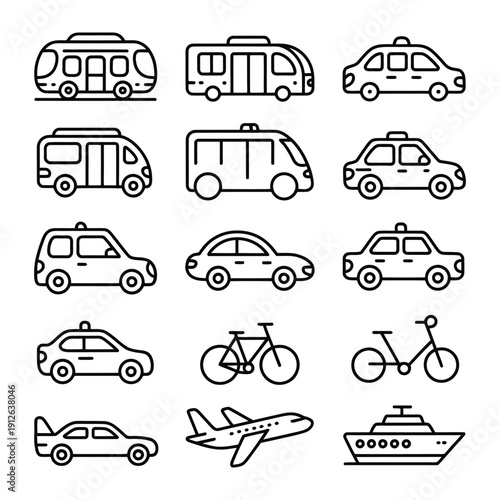 Transportation Icons: A collection of simple, black line art icons representing diverse modes of transport.