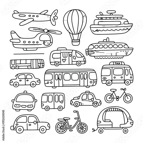 Vehicular Adventures: Playful line art transports, ideal for children's projects, showcasing various modes of transportation.