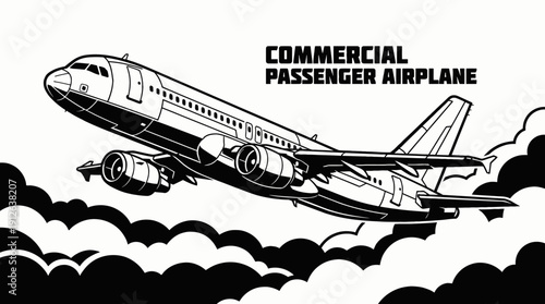 commercial passenger airplane aircraft aviation flight across blue sky clouds at cruising altitude above wide horizon showing transport travel aerospace engine wing airliner motion