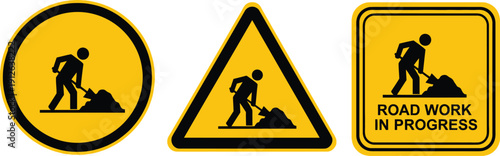 Road work warning signs set for construction areas