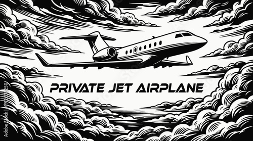 private jet airplane aircraft black and white aviation flight through clear sky clouds at high altitude over distant horizon showing transport travel aerospace engine wing