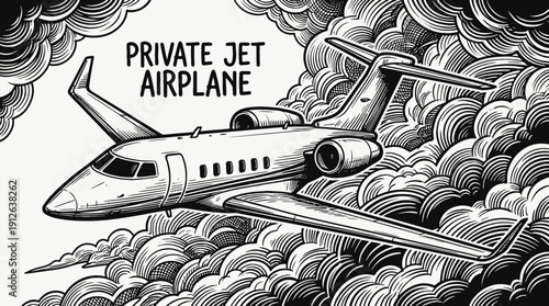 private jet airplane aircraft black and white aviation flight through clear sky clouds at high altitude over distant horizon showing transport travel aerospace engine wing