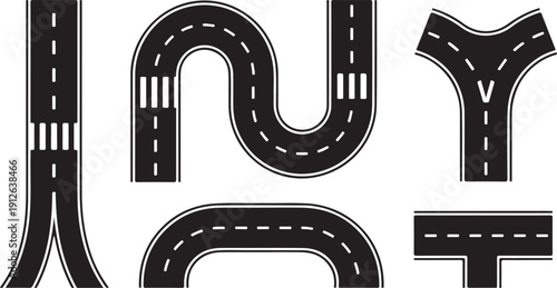 City Street Road Seamless Vector Set – Straight, Curved, Crossroad and Roundabout Elements Builder