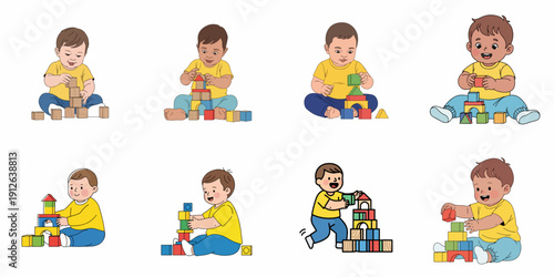 A collection of eight illustrations showing happy babies and toddlers stacking, building, and playing with colorful wooden blocks for early childhood development.