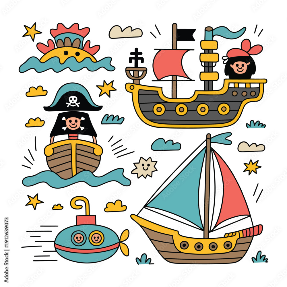 Naklejka premium Pirate's Sea Adventure: Delightful nautical illustration depicts a lively collection of cartoon ships, submarine and elements.
