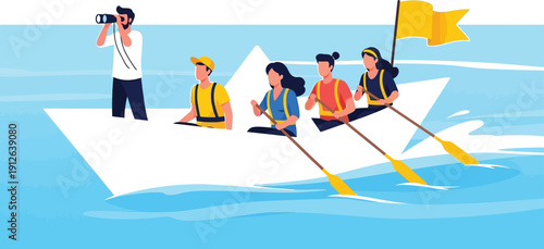 Rowing team led by leader using binoculars