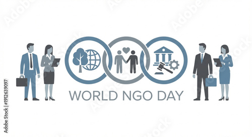 An illustration for World NGO Day showing business people and interconnected circles representing environmental, social, and governance aspects of non-governmental organizations.