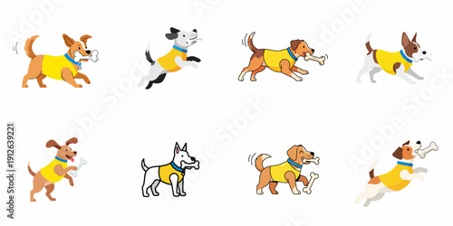 A collection of happy cartoon dogs wearing yellow shirts, running, jumping, and carrying large bones in their mouths, isolated vector illustration set.