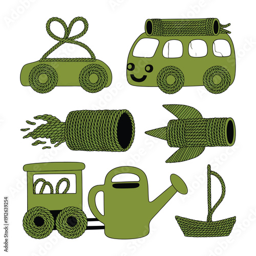 Eco-Friendly Transport: A collection of sustainable transport options crafted with green materials, symbolizing an eco-conscious approach to travel and mobility.