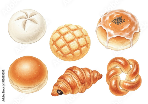 Hand-painted watercolor of levitating fresh bakery assortment: soft bun, grid melon pan, glazed anpan with sesame, flaky chocolate croissant, dinner roll, knot bread, on white background with copy